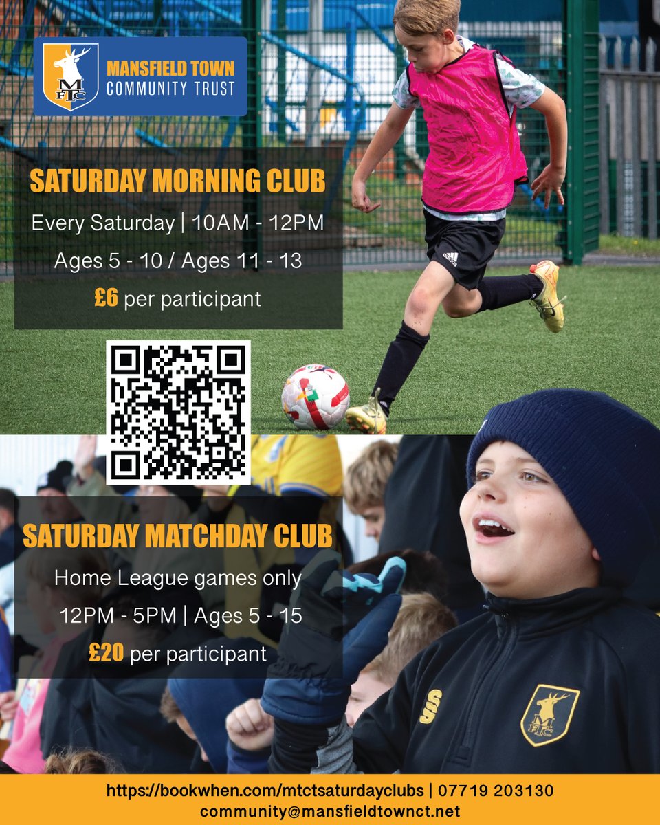 Mansfield Town Community Trust (@mtfc_ct) on Twitter photo Mansfield Town take on Leyton Orient this Saturday – and we’ve got the perfect way to spend the day!
👟 Morning Training – Sharpen your skills at our fun football session.
🎟️ Matchday Experience – Then stick around and cheer on the Stags!
Do both or pick just one – it’s Mansfield Town take on Leyton Orient this Saturday – and we’ve got the perfect way to spend the day!
👟 Morning Training – Sharpen your skills at our fun football session.
🎟️ Matchday Experience – Then stick around and cheer on the Stags!
Do both or pick just one – it’s