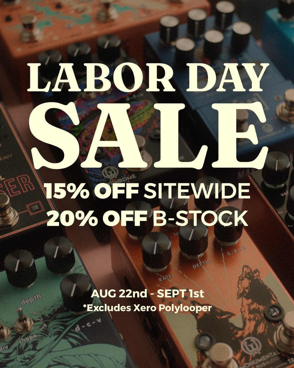 Walrus Audio (@walrusaudio) on Twitter photo Labor Day sale is kicking off today and we're running it through Sept. 1st. 15% off site-wide and a lovely additional 20% off for B-stock pedals. Get a new thing and use that thing to go create new things! Labor Day sale is kicking off today and we're running it through Sept. 1st. 15% off site-wide and a lovely additional 20% off for B-stock pedals. Get a new thing and use that thing to go create new things!