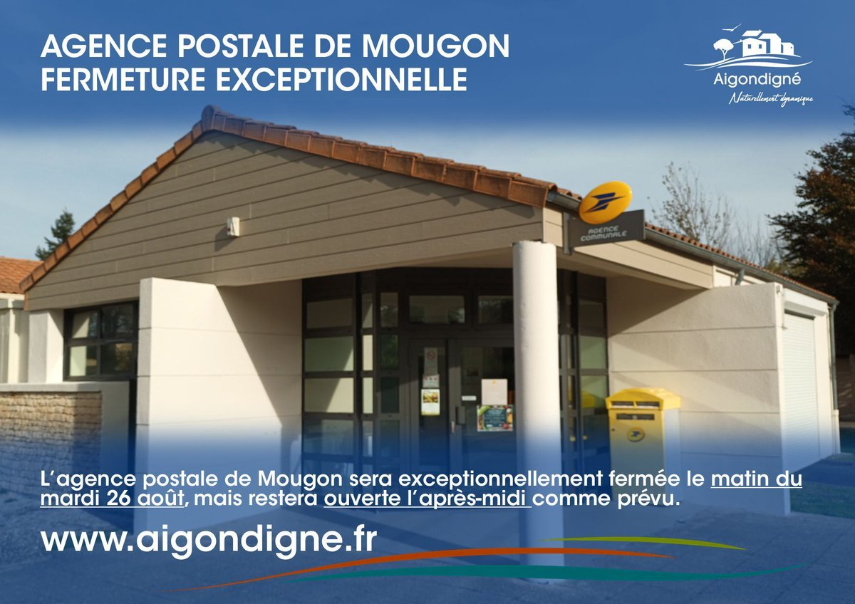 👉 L’agence postale de Mougon sera exceptionnellement fermée le matin du mardi 26 août, mais restera ouverte l’après-midi comme prévu. #Aigondigné
buff.ly/v6sVscD