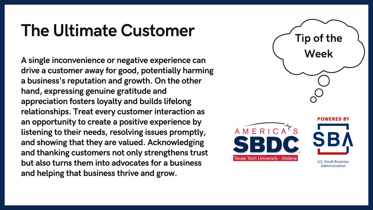 abilenesbdctx's tweet image. Small Business Tip of the Week: The Ultimate Customer

Your customers are your greatest advocates!

✅Listen to their needs
✅Resolve issues promptly
✅Show genuine appreciation

Every positive interaction builds loyalty and trust.

#SmallBizTip #CustomerExperience #AbileneSBDC