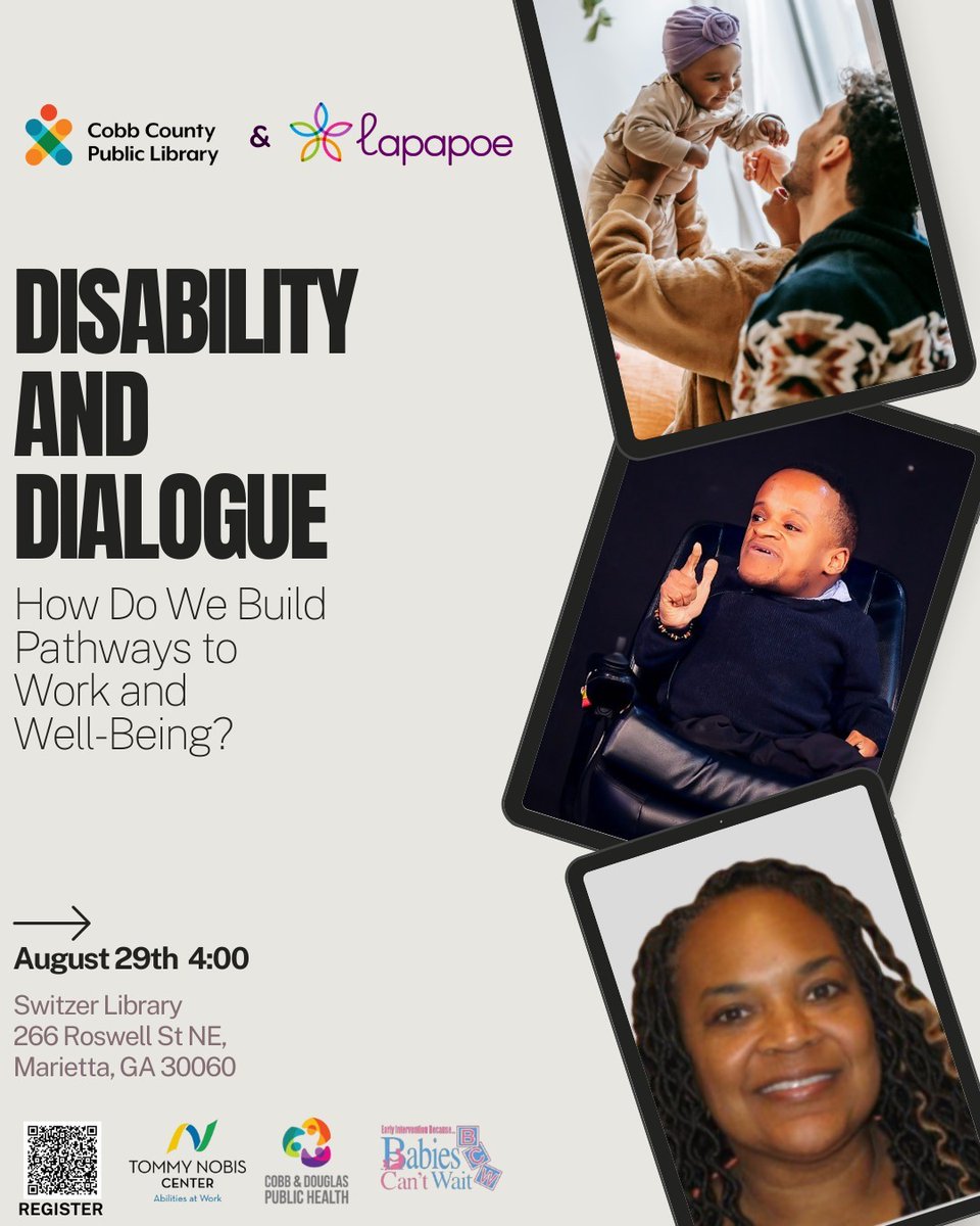 Cobb County Public Library and Lapapoe will host Disability and Dialogue, a community conversation for people of all ages and abilities, at Switzer Library in Marietta on August 29, 4 p.m. to 5 p.m. Learn more and register: cobbcounty.gov/events/disabil…