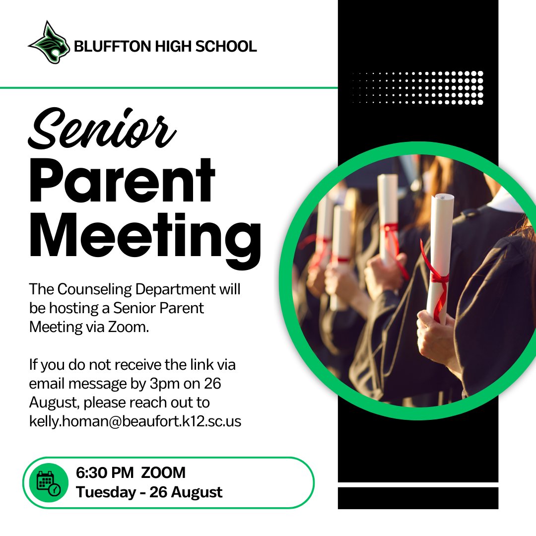 Bluffton High School (@blufftonhs) on Twitter photo Senior Parent Meeting on Tues, August 26th at 6:30 pm, via Zoom. A Brightarrow email with the Zoom Link will be sent out at 3:00 pm the day of the meeting. Please reach out to Kelly Homan at kelly.homan@beaufort.k12.sc.us for assistance. Senior Parent Meeting on Tues, August 26th at 6:30 pm, via Zoom. A Brightarrow email with the Zoom Link will be sent out at 3:00 pm the day of the meeting. Please reach out to Kelly Homan at kelly.homan@beaufort.k12.sc.us for assistance.