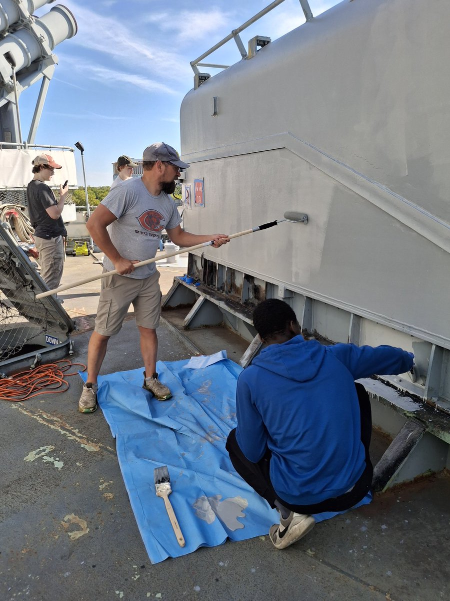 We recently had Eagle Scout Jackson and Troop 1760 of Gaithersburg, Maryland come aboard to complete an Eagle Scout project on the two starboard aft tomahawk armored box launchers which can be seen along our tour routes. The troop worked on chipping and painting before also