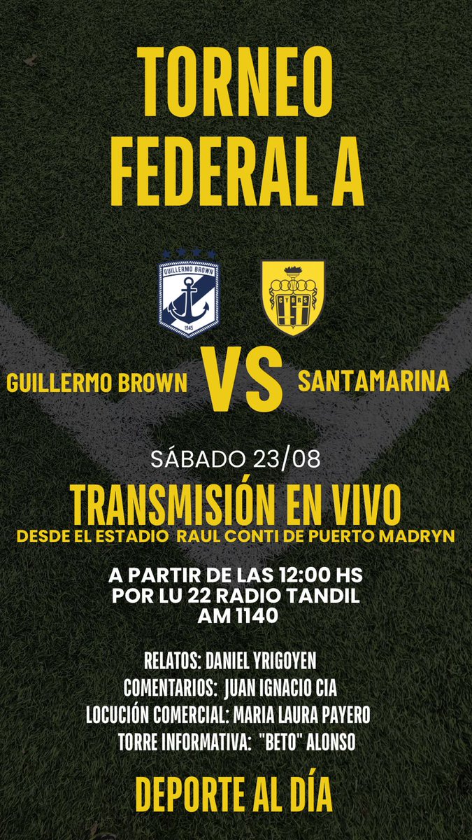 Este sábado desde las 12 viví Guillermo Brown-Santamarina por LU22 Radio Tandil
 La  Radio, Santamarina, Deporte al Día y vos... Juntos a la Par!!!