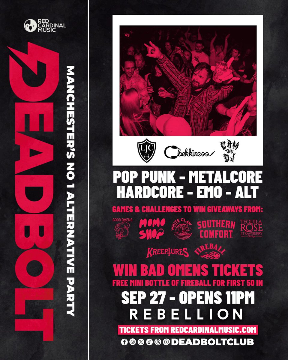 MANCHESTER - WE'RE COMING HOME ⚡

We can't wait to be back at Rebellion Manchester on September 27th for our huge post-summer blowout. We have a lot to catch up on, right?

We have 50 FREE tickets available now from our new site - redcardinalmusic.com.