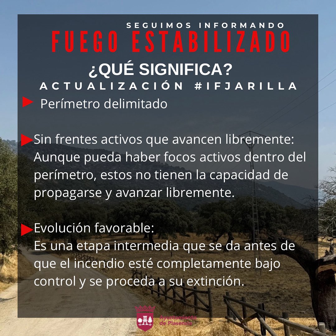 🚨el incendio de #IFJarilla está ESTABILIZADO 
Esto es
El perímetro está delimitado, sin avance fuera de las líneas de control.
No hay frentes activos que se propaguen libremente.
Evolución favorable
Fase previa a la extinción total.
Un enorme gracias a todos los equipos.