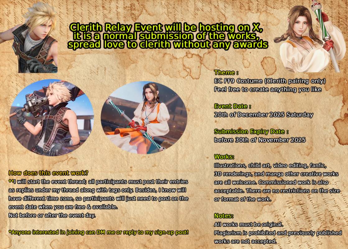FF9ウェア優勝！そしてクラエアのリレーイベントのテーマなんだ！今度は初めてXに開催します！🥳

FF9 Outfit is the winner &amp; also will be Clerith Relay Event's Theme! This time, it will be held in X for the first time! 🥳

#clerith #クラエア