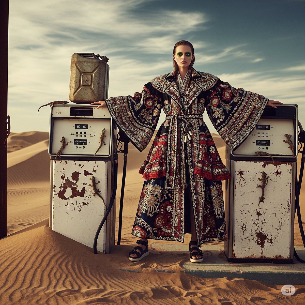 “When the station’s out of gas but you showed up in full Dries Van Noten regalia. The geckos approve.”
#hautecouture #digitalart #surreal #fashion