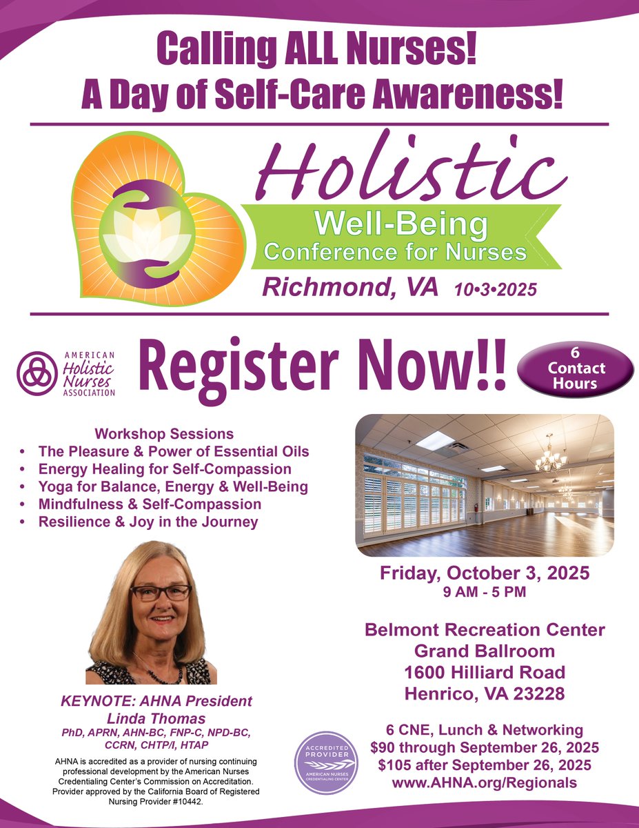 Don't miss AHNA’s Holistic Well-Being Conference in Richmond, VA on Oct 3! 🌿 Connect, learn, and earn 6 CNE hrs. Keynote: AHNA President Linda Thomas! Register: AHNA.org/Regionals | 785-234-1712 Let’s recharge, reflect &amp; grow—together. 📷 #HolisticNursing #AHNA