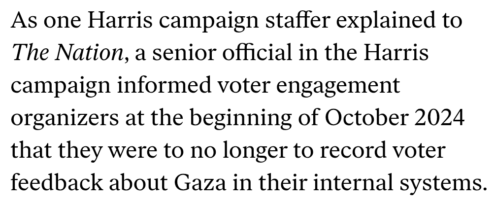 Harris campaign informed voter engagement organizers at the beginning of October 2024 that they were to no longer to record voter feedback about Gaza in their internal systems