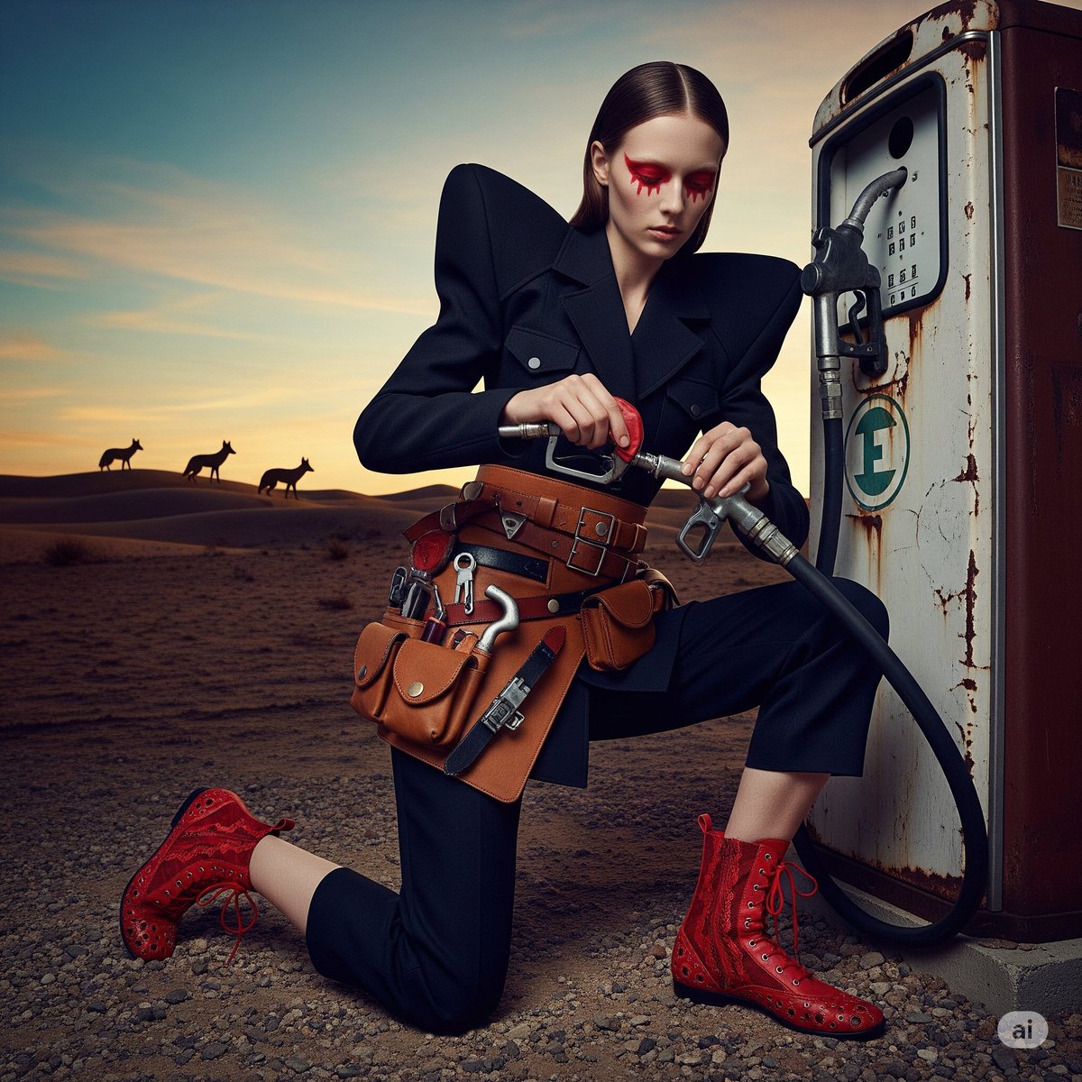 “She patches the world together one cracked hose at a time. Couture utility belt, smeared eye shadow, desert dusk.”
#hautecouture #surrealism #art #fashionphotography