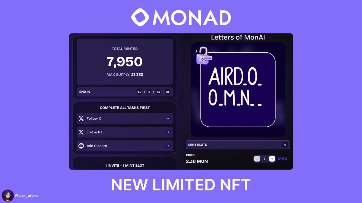 💎 Mint the limited "Letters of MonAI" NFT on Monad

🔗 monai.gg/nft?ref-code=W…

Max Supply: 23,333
Total Minted: ~8k

💜 GMonad