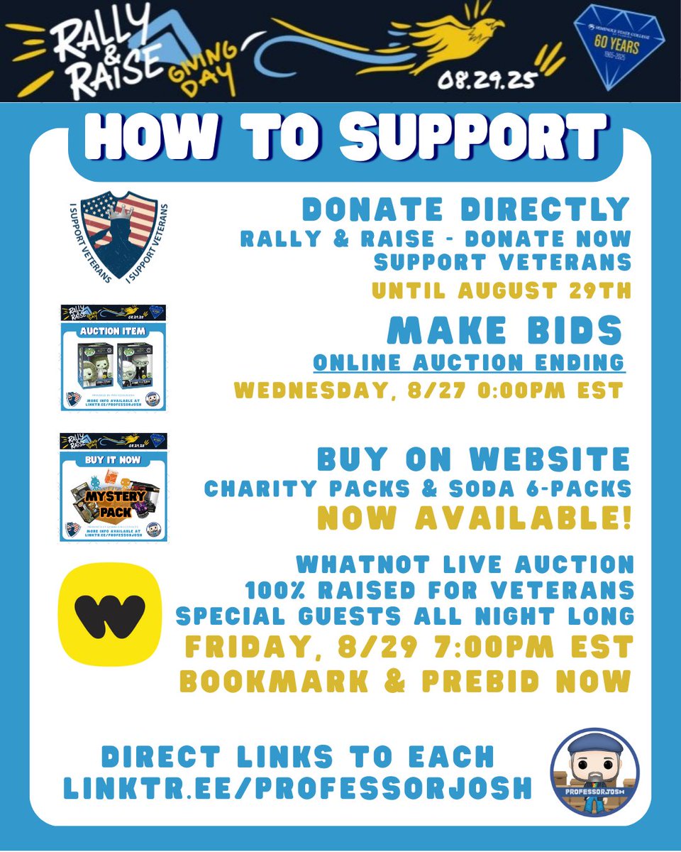 4 Ways to Support! (LINKS IN BIO)
1: Donate directly to Rally &amp; Raise Veterans Fund! seminolestate.app.neoncrm.com/MurdockVeterans
2: Bid on Online Auction Items! 15 Great Packages to Bid on now! Ends on Wednesday, August 27th at 9 PM EST. 32auctions.com/organizations/…
3: Buy a Charity Funko Soda 6-Pack or