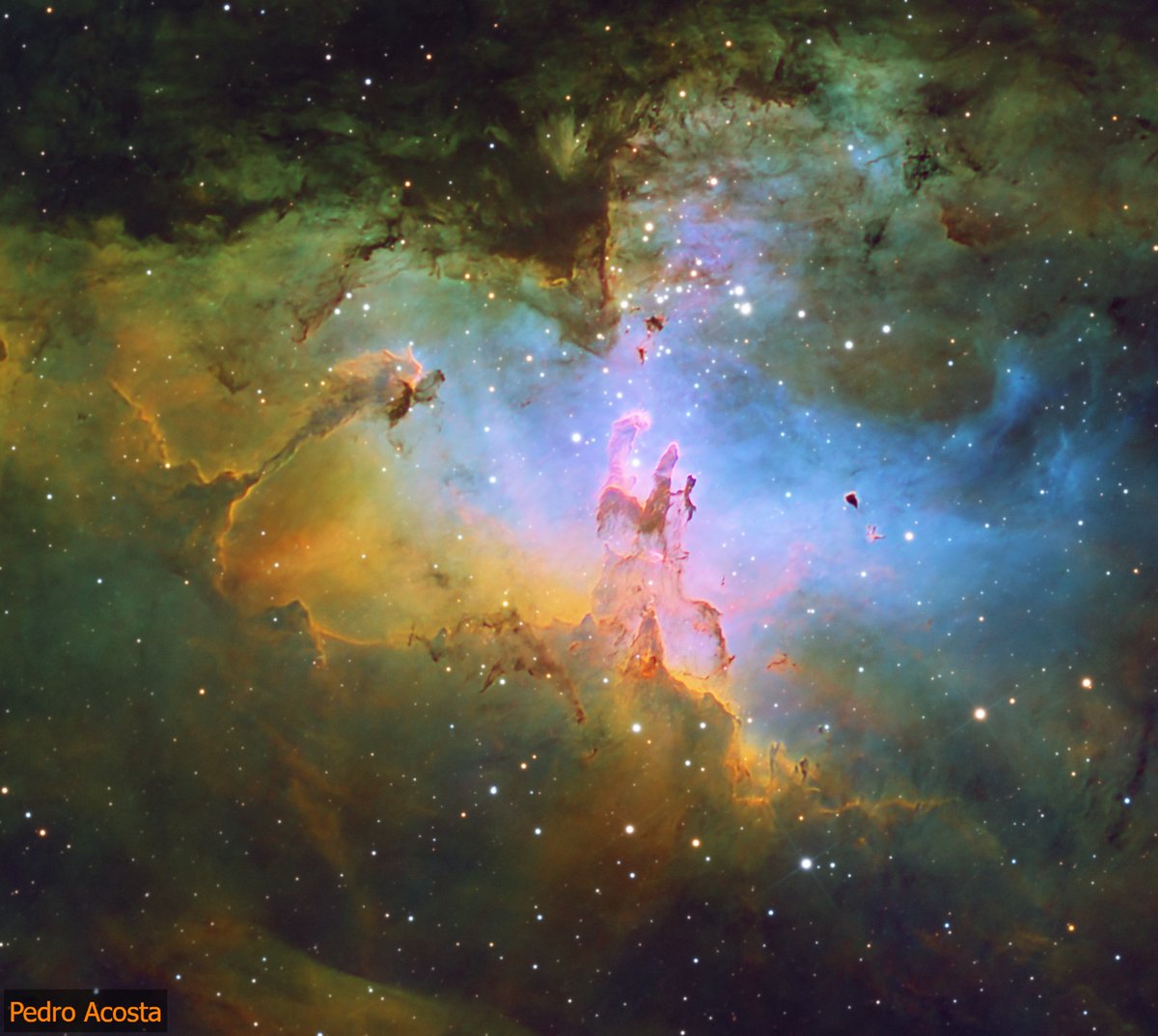SurCiencia's tweet image. ✨Los Pilares de la Creación, una de las regiones más icónicas de la Nebulosa del Águila (M16), se elevan a unos 7.000 años luz de la Tierra en la constelación de Serpens.
Esta imagen fue capturada desde San Lorenzo, Paraguay, por el astrofotógrafo paraguayo Pedro Acosta.