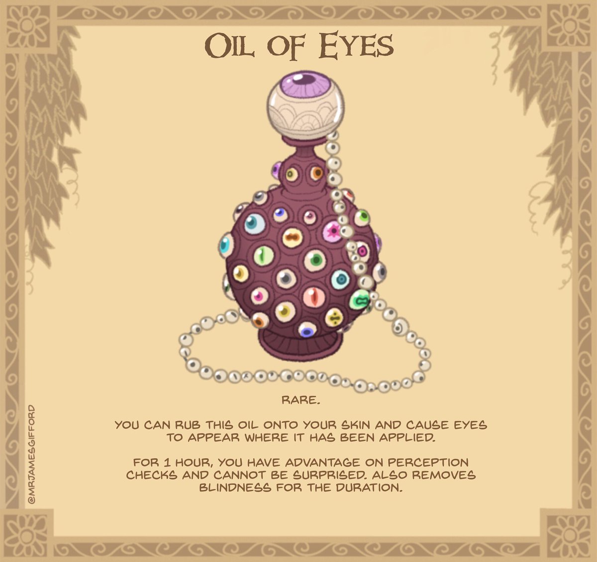 5. Oil of Eyes 👁️👁️👁️
Made from a variety of eye-juices, this oil is the bane of every optician. Avoid drinking.

#dnd #ttrpg #potions #illustration #eyeforaneye