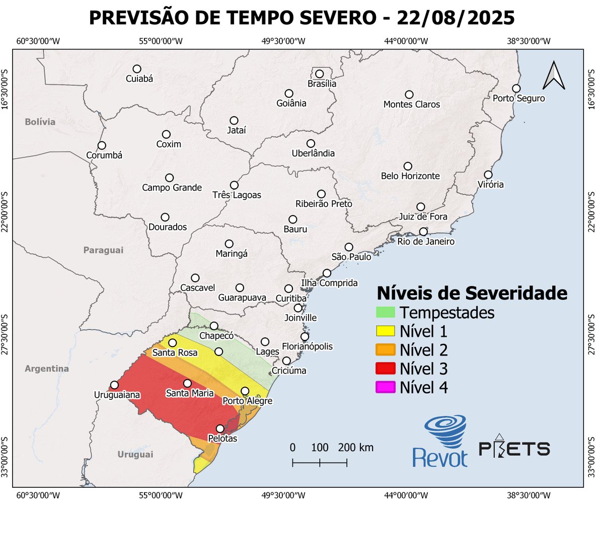 prevots_svr's tweet image. Previsão convectiva de hoje (22/08/2025), válida até 12Z de amanhã.