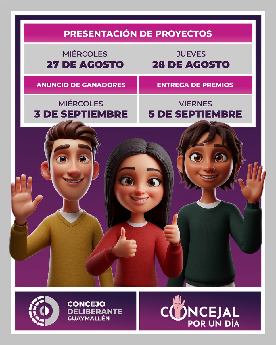 🤚 Concejal por un día: el  27 y 28 de agosto, los participantes presentarán sus proyectos en el recinto del HCD. Será durante la Sesión Especial n.º 3/2025, que se transmitirá en vivo por nuestro canal de YouTube.

+ info en 🔗cdguaymallen.gob.ar/concejal-por-u…