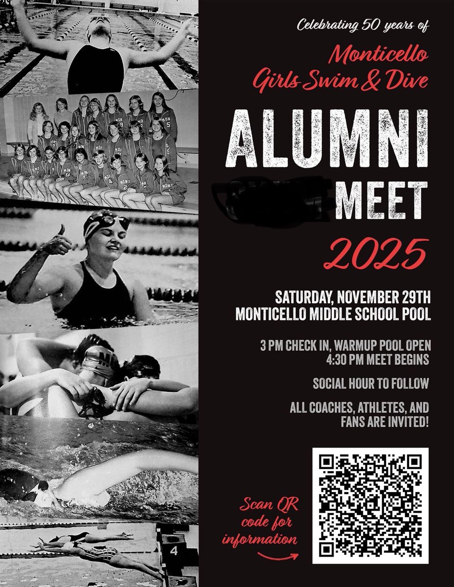 Join the Monticello Girls Swim/Dive team on Nov. 29 as they celebrate 50 years as a team! 

More information available on their website: 

sites.google.com/monticello.k12…

#MontiMagic