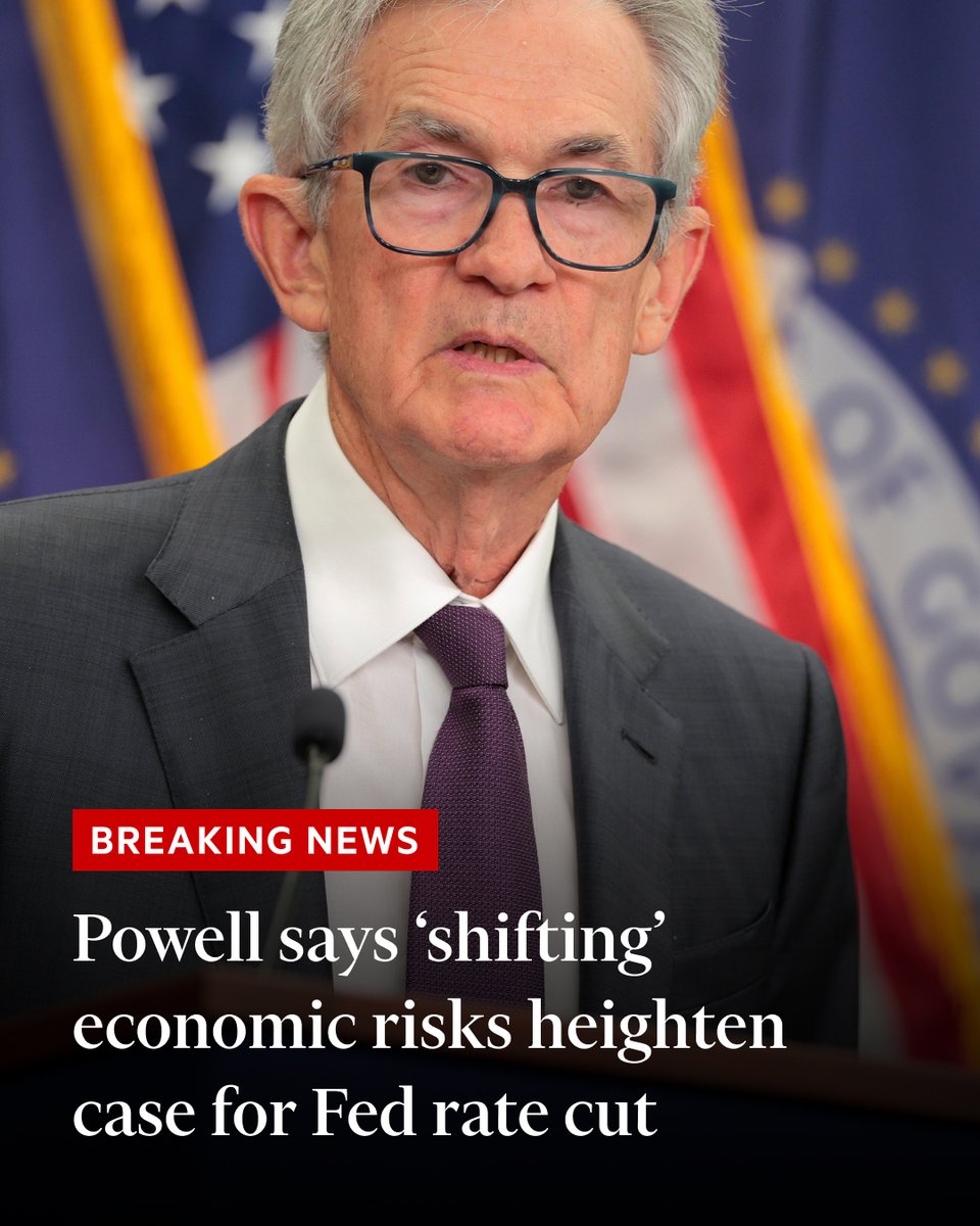 FT's tweet photo. Breaking news: Jay Powell has said 'shifting' economic risks have sharpened the case for a Federal Reserve rate cut, as the central bank chair warned that the labour market was cooling and Donald Trump’s tariffs were lifting inflation. https://t.co/JtmYjnHl6S https://t.co/rEH527ziJ5