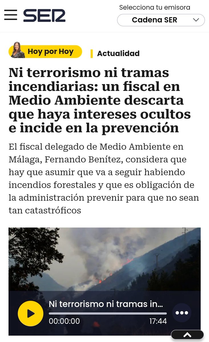 En medio de todo este ruido político, el Fiscal de #MedioAmbiente de Málaga, <a href="/nandogerman/">nandogerman</a> , pone la voz en la realidad del problema.

GRACIAS!!!🌳
👌🏽👏🏾👏🏾👏🏾👏🏾👏🏾

Pueden escucharlo en <a href="/La_SER/">Cadena SER</a>, con  <a href="/AngelsBarcelo/">Àngels Barceló</a> 
👇🏽
cadenaser.com/nacional/2025/…