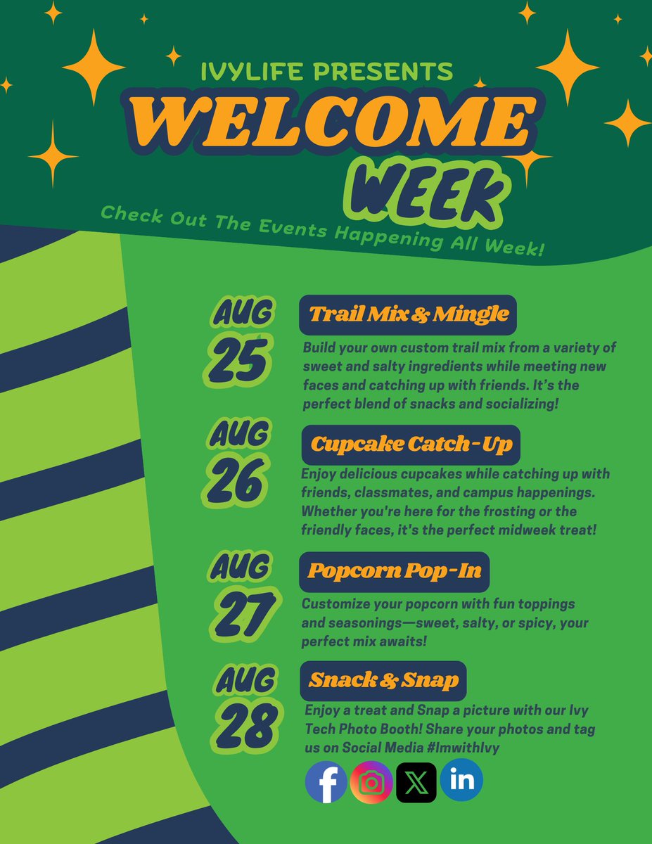 IvyLburgBville's tweet image. 📚 The Fall semester starts MONDAY at Ivy Tech Lburg/Bville! 

Don’t miss our Welcome Week events—check out the flyer below! #IvyTech #WelcomeWeek #ImWithIvy