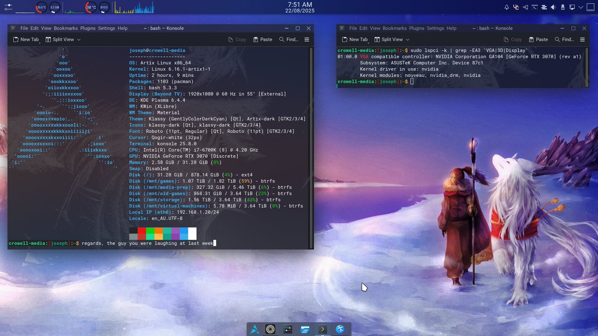 "#XLibre and #Nvidia … this ABI discrepancy will remain a permanent blocker", they said. But who would believe in this? Starring:

Nvidia GeForce RTX 3070, Nvidia driver v580, XLibre, #ArtixLinux, a daily gaming and media rig.

More #liberatedscreens at github.com/orgs/X11Libre/….