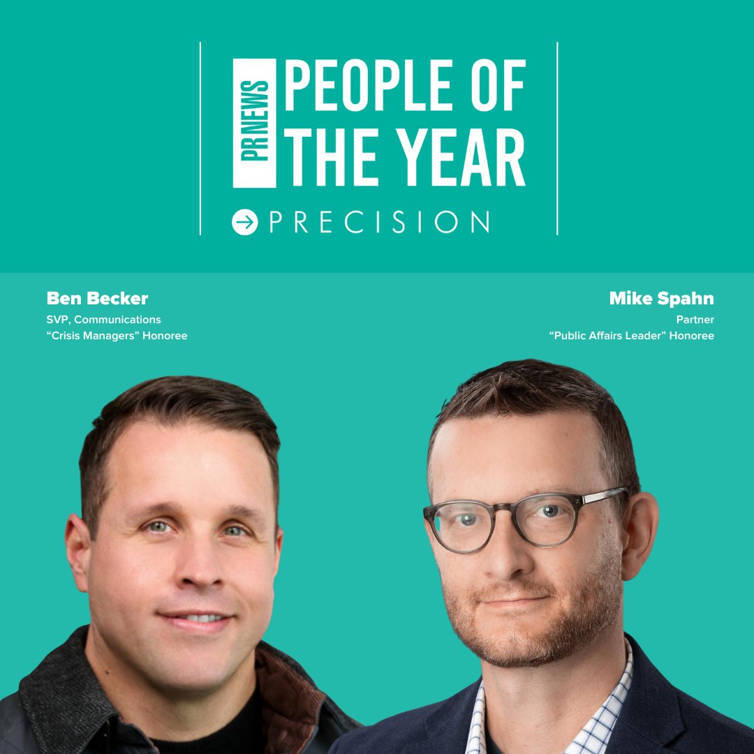Precision (@precisionstrat) on Twitter photo People of the Year 2025, every year in our hearts! Mike Spahn and Ben Becker have been recognized on this year’s PRNews’ People of the Year list. Ben as one of four Crisis Managers and Mike as one of two Public Affairs Leaders.
Congrats Mike and Ben!
chiefmarketer.com/event/people-o… People of the Year 2025, every year in our hearts! Mike Spahn and Ben Becker have been recognized on this year’s PRNews’ People of the Year list. Ben as one of four Crisis Managers and Mike as one of two Public Affairs Leaders.
Congrats Mike and Ben!
chiefmarketer.com/event/people-o…
