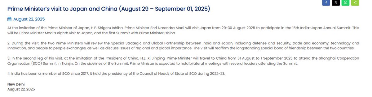 Prime Minister Narendra Modi to visit Japan and China from August 29 to September 01, 2025