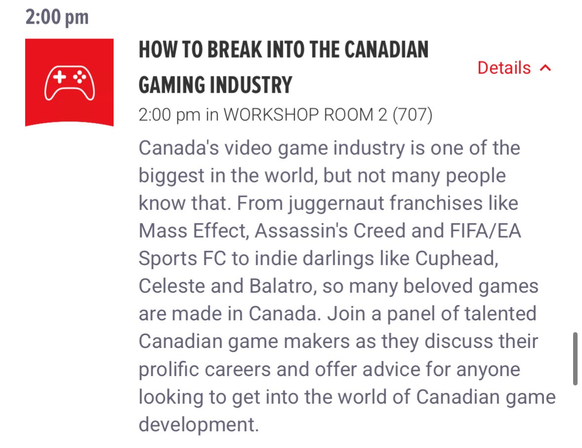 Reminder that I’ll be hosting a #FanExpoCanada panel on Sunday about the Canadian gaming industry! 
🇨🇦 🎮 

Hear from <a href="/UbisoftToronto/">Ubisoft Toronto</a>, <a href="/Behaviour/">Behaviour Interactive</a>, <a href="/MightyYell/">Mighty Yell ✨ Wishlist All Systems Dance! 🪩</a> &amp; <a href="/PlayHilltop/">HilltopGames</a> devs as they unpack their work &amp; share advice for aspiring game makers.

Hope to see some of you there!