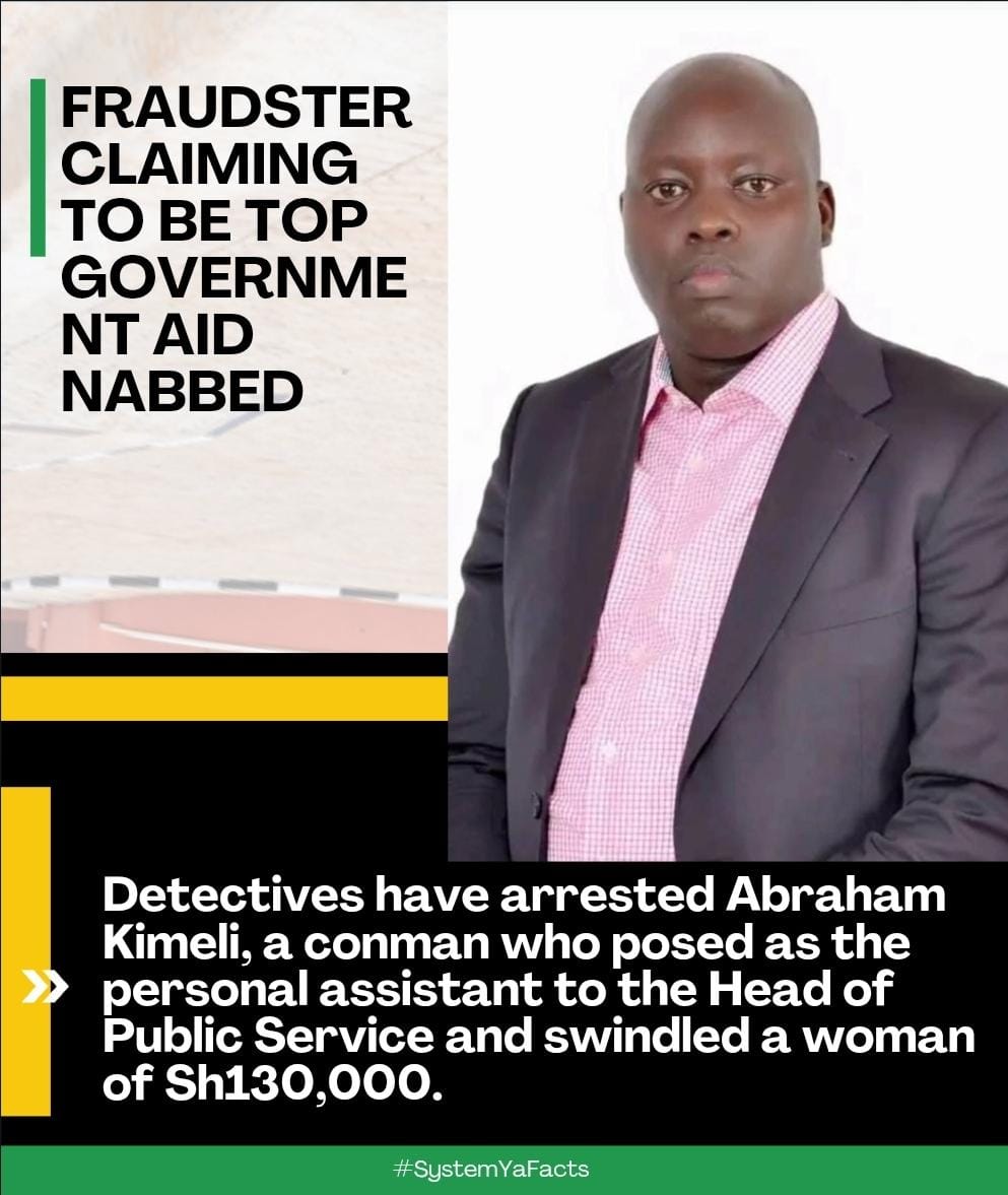 GitobuKiogora's tweet photo. A fraudster by the name Abraham Kimeli claiming to be aide to head of public service has been nabbed by detectives this afternoon. A #ConmanAlert is issued to the general public to be aware of such conmen.

JKIA,Thika,Kasarani,Madagascar,Rigathi Gachagua. https://t.co/uQZ3VHrM5r