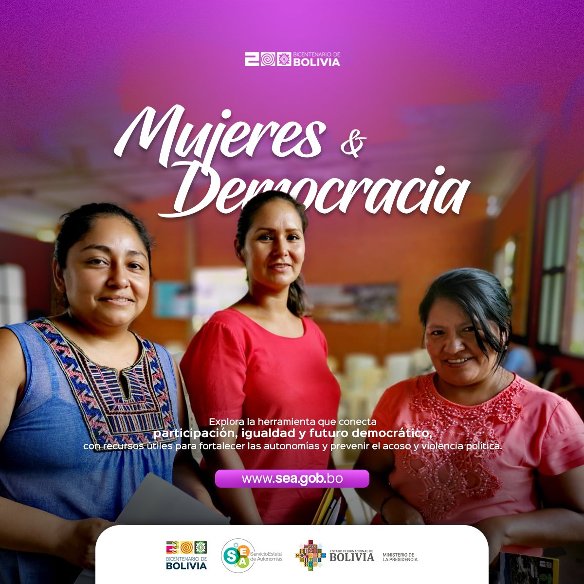 💡 Conecta participación, igualdad y futuro democrático.
La herramienta 𝐌𝐮𝐣𝐞𝐫𝐞𝐬 &amp; 𝐃𝐞𝐦𝐨𝐜𝐫𝐚𝐜𝐢𝐚 te ofrece recursos útiles para fortalecer las autonomías y prevenir el acoso y violencia política.

🔗 sea.gob.bo/mujeres-y-demo…

#BicentenarioBolivia