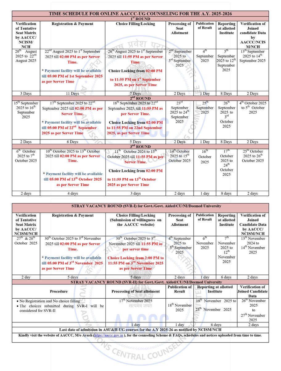 MRK_POLLACHI's tweet image. #AACCC #AIQ
#NEETUG2025 
📍Counseling Schedule UG
#Ayush Admissions Central Counseling Committee
Admission and eCounselling Services for Session 2025-2026