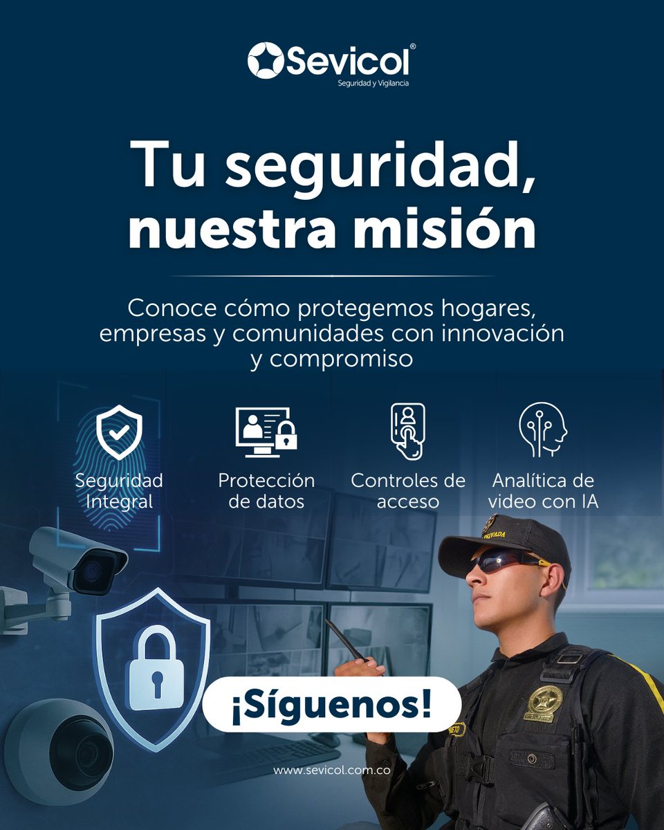 Más que seguridad, somos tu aliado estratégico.

🔹 Hogares, empresas y comunidades protegidas con tecnología de vanguardia.

📲 Síguenos y conoce nuestros servicios.

…
#Sevicol #SomosMásQueSeguridad #SeguridadElectrónica #SeguridadEmpresarial #SeguridadPrivadaColombia