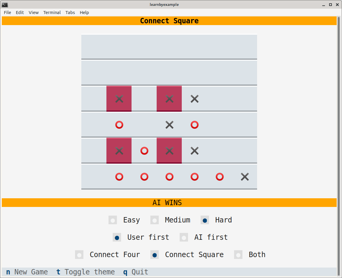 Here's a fun TUI game I wrote.

Connect Four with a twist: form a line or square or both!

github.com/learnbyexample…