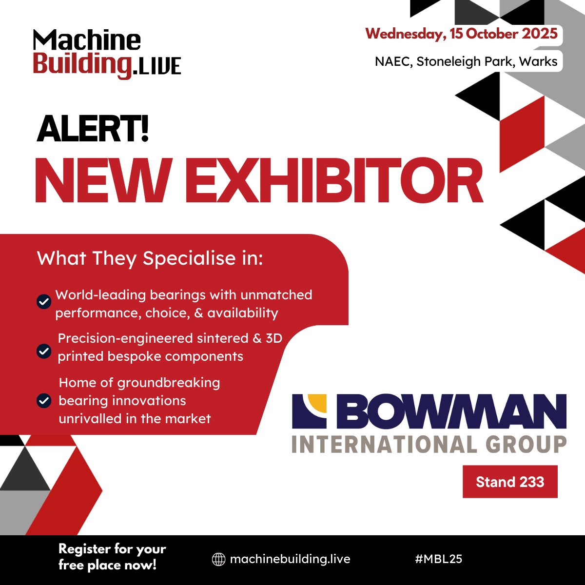 MachineBuilding.net (@machbuild) on Twitter photo We are delighted to welcome <a href="/BowmanInt/">Bowman International</a> to MachineBuildingLive, taking place at the NAEC, Stoneleigh Park on 15 October 2025. Find out more here: bit.ly/3GHdsY7 Free to attend: bit.ly/4kQ9WbU
#MBL25 #engineering #ukmanufacturing We are delighted to welcome <a href="/BowmanInt/">Bowman International</a> to MachineBuildingLive, taking place at the NAEC, Stoneleigh Park on 15 October 2025. Find out more here: bit.ly/3GHdsY7 Free to attend: bit.ly/4kQ9WbU
#MBL25 #engineering #ukmanufacturing