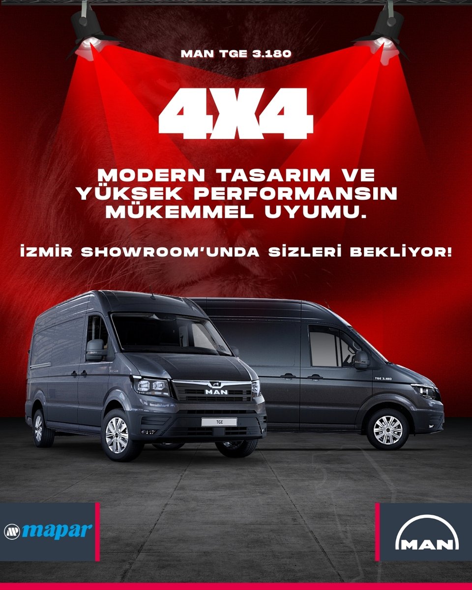 MAN TGE 3.180 4x4
2.0L dizel motor, 177 PS güç,410 Nm tork.
17,5 m³ taşıma hacmi
TopLion donanımıyla maksimum konfor ve güvenlik.
🚛LED farlar
🪞Isıtmalı aynalar
🧠Adaptif hız sabitleyici
⚠️Kör nokta uyarı sistemi
💺ErgoActive koltuk
#MANTGE #MANPanelvan #4x4gücü #mapar #maparman