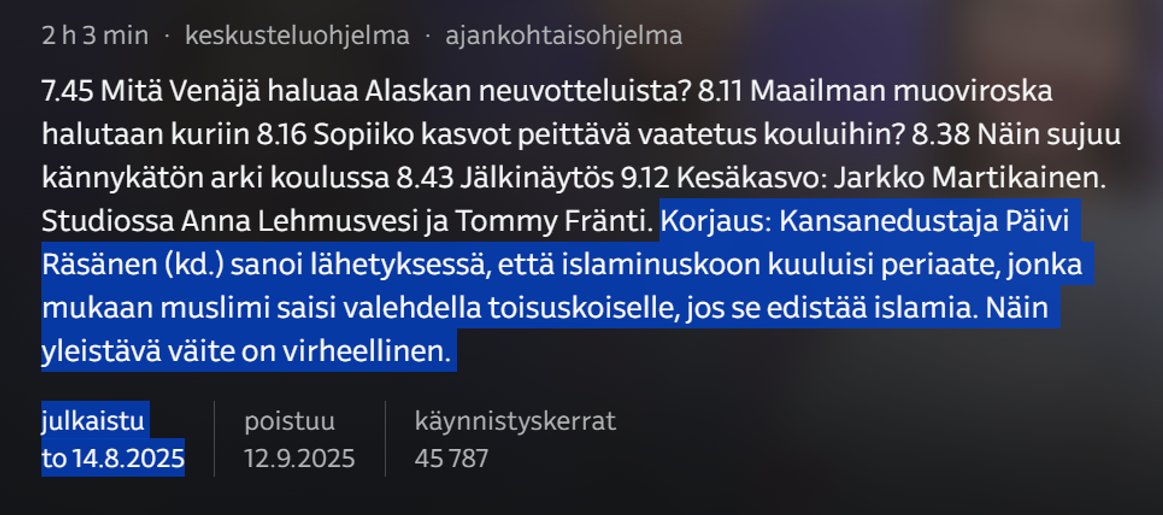 Risto Huvila🇫🇮🇮🇱🎗 (@ristohuvila) on Twitter photo Yle Uutiset on totaalisesti seonnut, kun ilmoittaa haastateltavansa mielipiteen olevan virheellinen. <a href="/PaiviRasanen/">Päivi Räsänen</a> lienee (tässäkin) ensimmäinen, jolle näin on tehty. Jos tiedätte, kenen muun poliitikon, tutkijan tai muun vieraan kohdalla heidän mielipiteitään on näin korjattu, Yle Uutiset on totaalisesti seonnut, kun ilmoittaa haastateltavansa mielipiteen olevan virheellinen. <a href="/PaiviRasanen/">Päivi Räsänen</a> lienee (tässäkin) ensimmäinen, jolle näin on tehty. Jos tiedätte, kenen muun poliitikon, tutkijan tai muun vieraan kohdalla heidän mielipiteitään on näin korjattu,