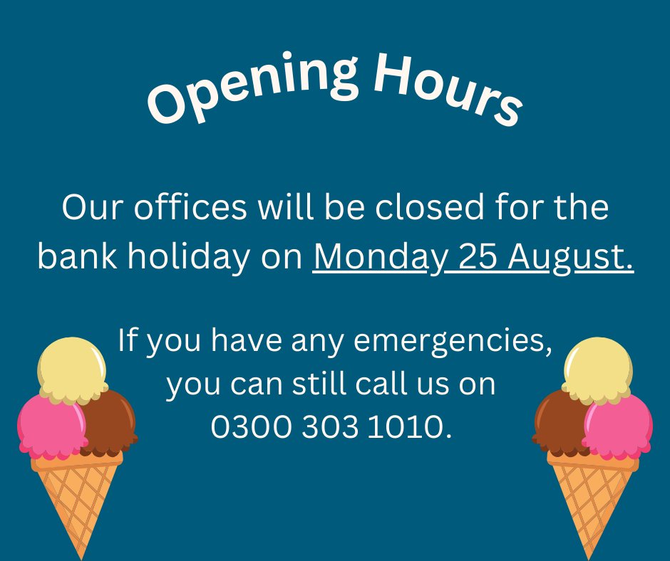 Don't forget our offices will be closed on Monday for the bank holiday and will reopen on Tuesday 26th August at 8am. We'll still be available for you to raise emergency repairs; find out what's included here: bit.ly/4lE5qO0