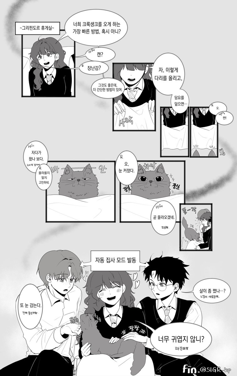 골든트리오와 크룩생크 만화
괭이랑 놀다가 생각나서 시작🐱
해리랑 론은 자연스럽게 집사노릇에 익숙해지게 될 것 같다는 뇌피셜이 있슴니다