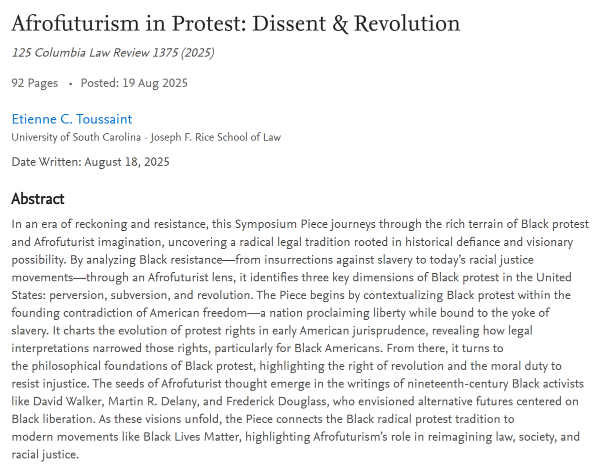 Thrilled to share my new piece in the Columbia Law Review: “Afrofuturism in Protest: Dissent and Revolution.”

papers.ssrn.com/sol3/papers.cf…