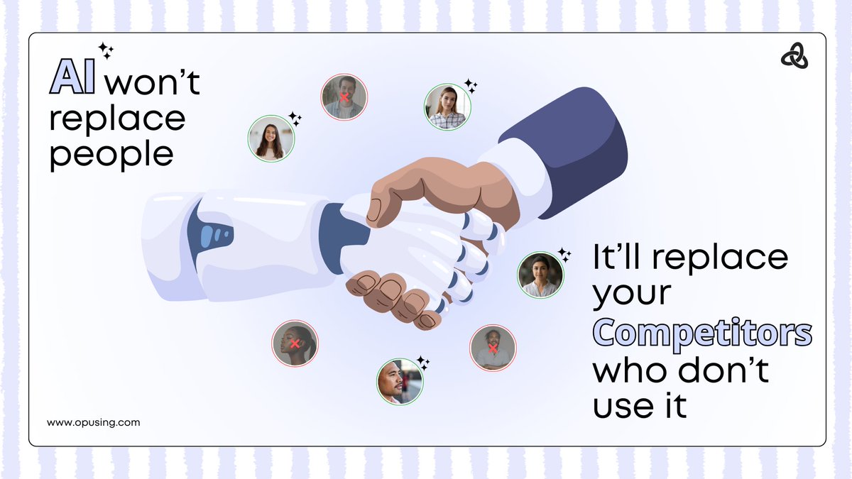 OpusingLLC's tweet image. The question isn’t ‘Will AI replace me?’ It’s ‘Will I keep up with those who use it? What&apos;s your take- fill in the comment section.

#Opusing #recruitment #hiring #talentmanagement #staffingservices #talentacquisition