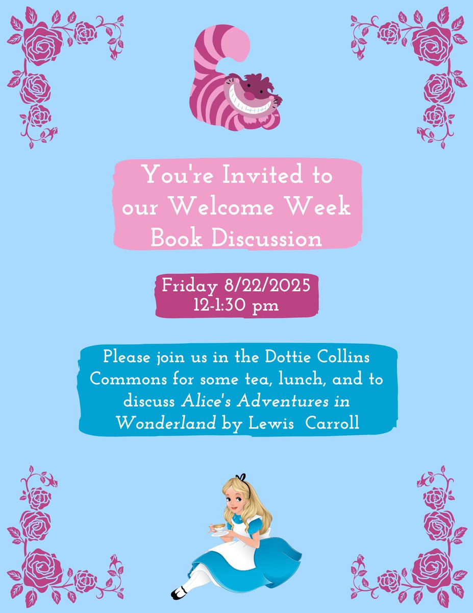 Join us for our annual book discussion luncheon. Let's talk about the madness and chaos of Alice's Adventures in Wonderland! #collinsllc #collinsinwonderland #welcomeweek #bookdiscussion
