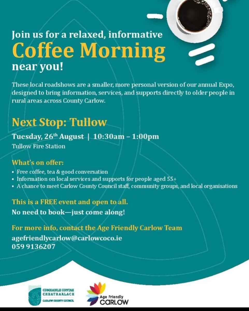 Carlow Kilkenny ICPOP (@cwkkicpop) on Twitter photo Age Friendly Carlow are holding a coffee morning in Tullow Fire Station on Tuesday 26th August at 10:30am. This is a fantastic free event which will build up nicely to the annual Expo which is only around the corner. Just come along on the day #Carlow #agefriendly Age Friendly Carlow are holding a coffee morning in Tullow Fire Station on Tuesday 26th August at 10:30am. This is a fantastic free event which will build up nicely to the annual Expo which is only around the corner. Just come along on the day #Carlow #agefriendly