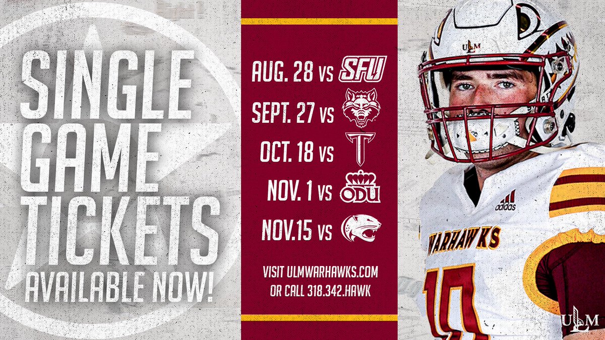 🗣️𝗦𝗜𝗡𝗚𝗟𝗘 𝗚𝗔𝗠𝗘 𝗧𝗜𝗖𝗞𝗘𝗧𝗦🗣️

Buy your tickets so you can cheer loud in Malone Stadium this season!

🎟️ ulmwarhawks.com/tickets