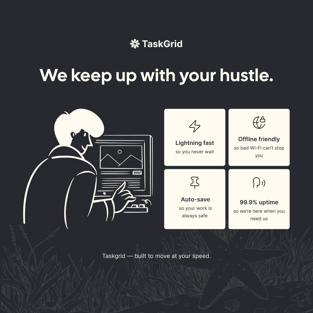 taskgrid's tweet photo. We keep up with your hustle.
- Lightning fast so you never wait
- Offline friendly so bad Wi-Fi can’t stop you
- Auto-save so your work is always safe
- 99.9% uptime so we’re here when you need us
TaskGrid — built to move at your speed.
#taskgrid #taskmanagementtools https://t.co/NvqOBsrvQy