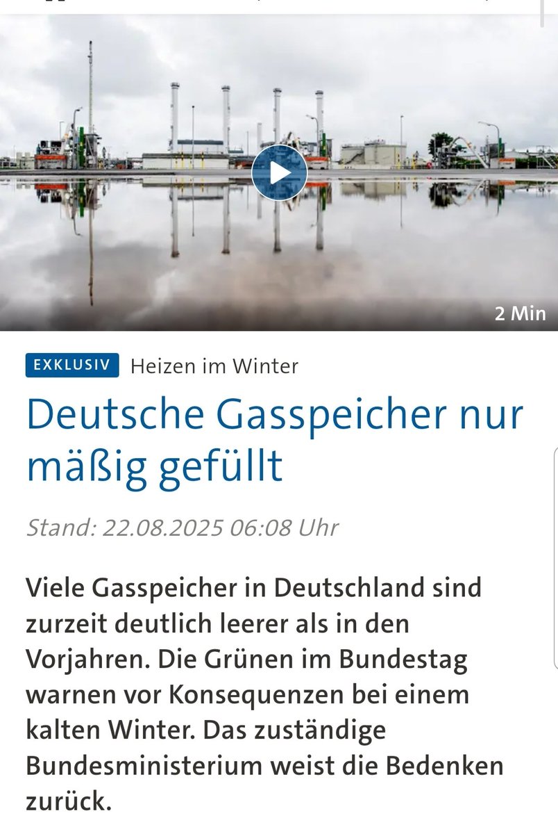 In Deutschland bleiben die Gasspeicher weiter bedrohlich leer.
#CDU-Wirtschaftsministerin #Reiche lässt das aber kalt.

Sie scheint es eher darauf anzulegen, dass wir einen Gasmangel im Winter bekommen. So verwies das Wirtschaftsministerium auf die 4 neuen, schwimmenden