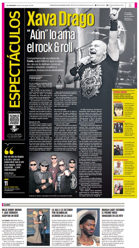 #EnPortada Compañeros de Xava Drago, vocalista de Coda, quien falleció ayer a causa de cáncer, lo definen como un músico inquieto, creativo y positivo, incluso en la adversidad 🎤🫶
eluniversal.com.mx/espectaculos/a…