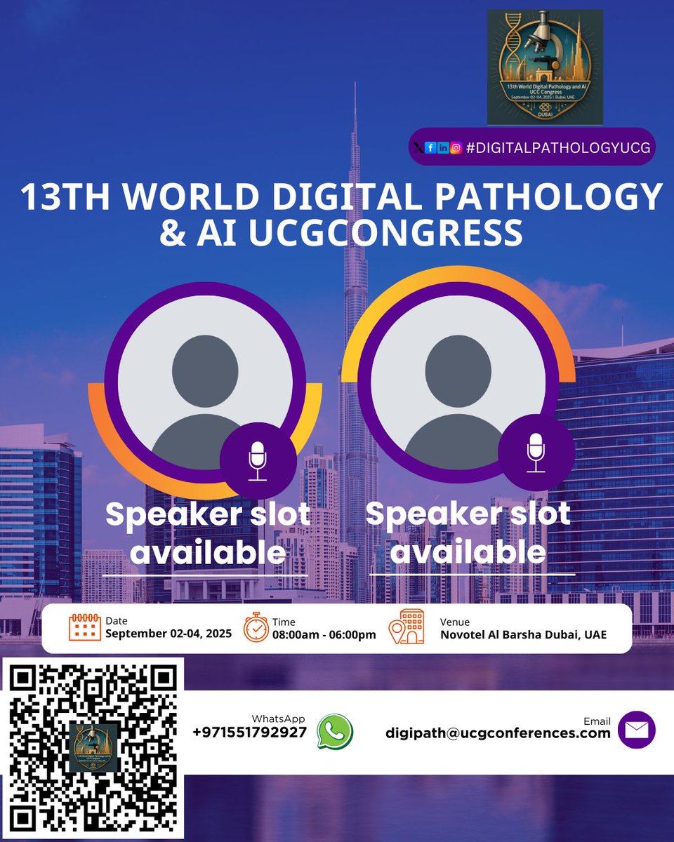 13th World Digital Pathology &amp; AI UCG Congress
Become a speaker at the 13th World Digital Pathology &amp; AI UCG Congress, happening from September 02–04, 2025, at Novotel Al Barsha, Dubai, UAE, 
Register here: …lpathology.utilitarianconferences.com/discounted-reg…
WhatsApp: wa.me/+971551792927