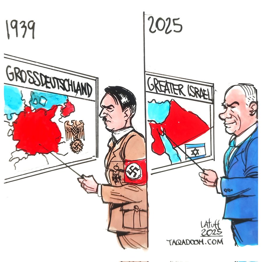 Expansionismo sionista y otro precedente histórico, visto por <a href="/LatuffCartoons/">Carlos Latuff</a> para <a href="/Taqadoom/">تقدُّم</a>