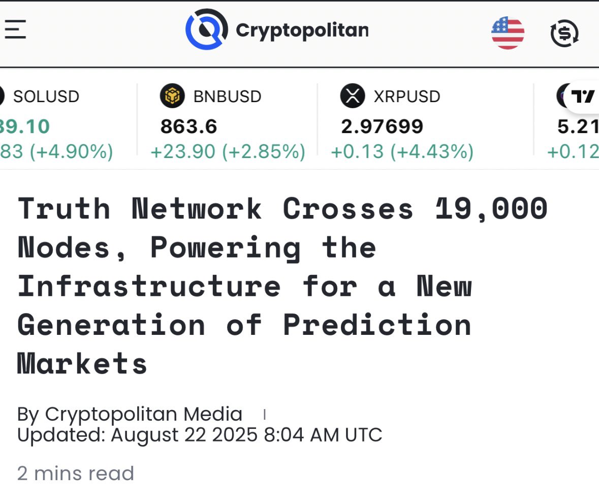 truth_network_'s tweet image. We continue celebrating at Truth Network 19,000+ nodes and counting!

More members are joining as node owners every day, strengthening the backbone of prediction markets 📈

🔗 cryptopolitan.com/truth-network-…